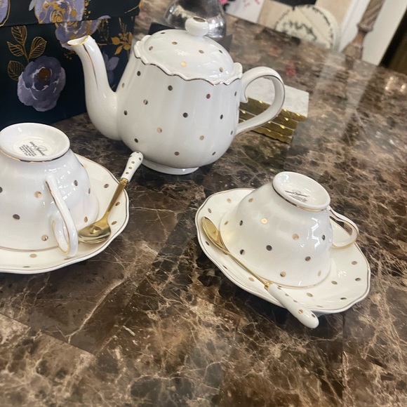 7pc white & gold polkadot Teapot, spoons, Cup & Saucer boxed by Grace teaware - Picture 3 of 16